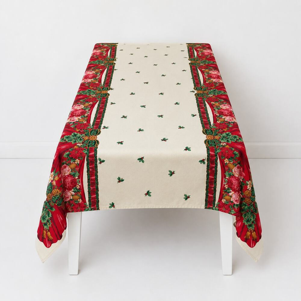 Hallmark Wamsutta Cut to Length Poinsettia Christmas Tablecloth 4 yard 72" wide